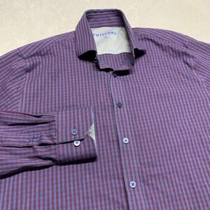 Twillory‎ Tailored Performance Button Shirt Men 16 36-37 Maroon Blue Check